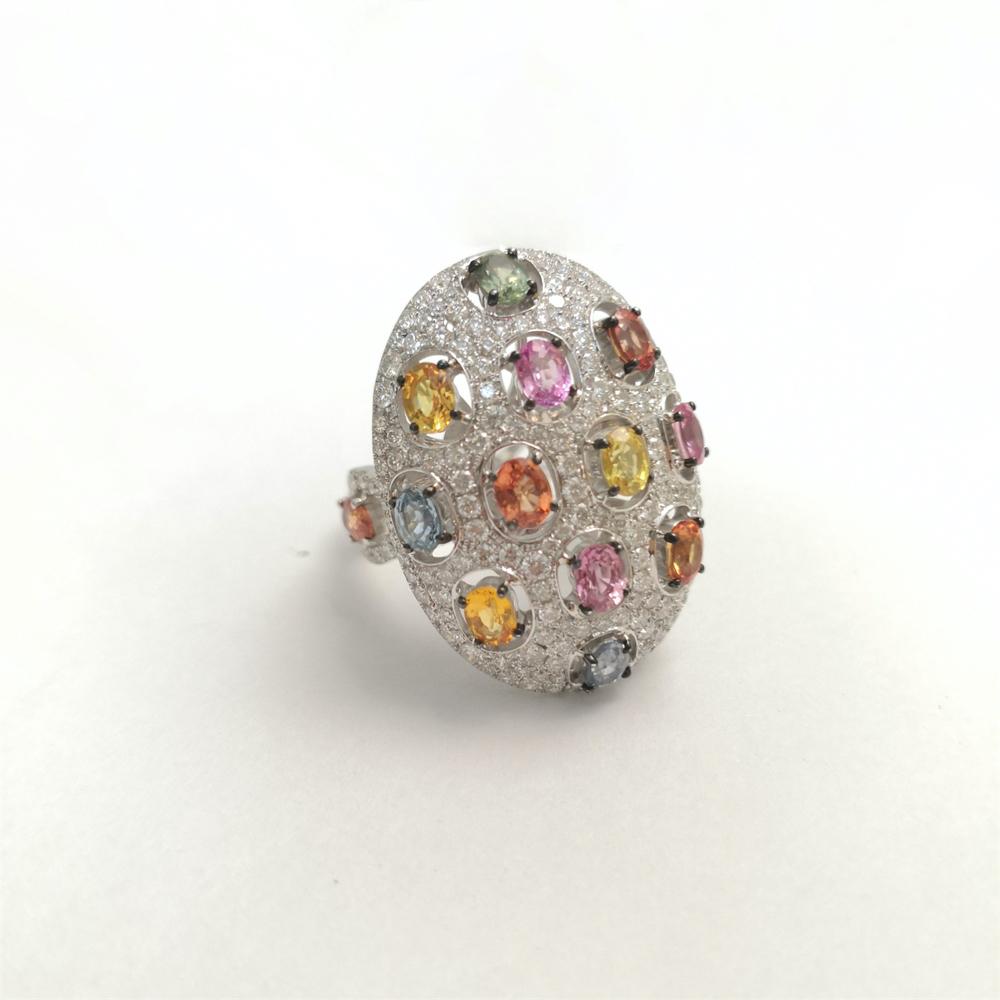 white gold Ring colour gems with cut diamonds